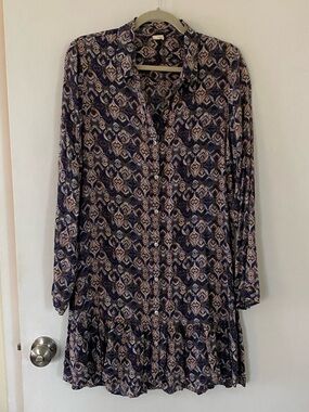 Long Sleeve Boho Drop Waist Button Up Shirt Dress Blue Pink Dreamy size large